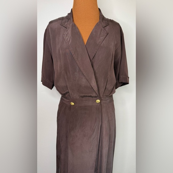 Robbie Bee Silk Chocolate Brown Maxi Length Wrap Dress Short Sleeve Size 12 - Picture 2 of 7